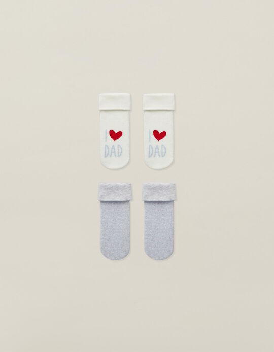 2 Pairs of Cuffed Socks for Babies 'I Love Dad', White/Grey
