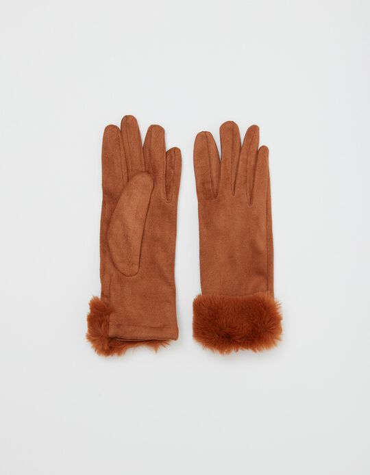 Gloves with Faux Fur, Women, Camel