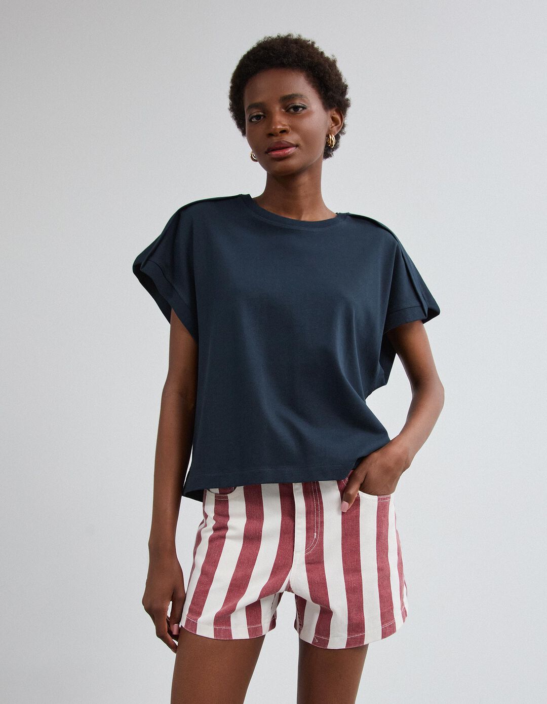 T-shirt Com Detalhe, Mulher, Azul Escuro