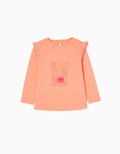 Long Sleeve Cotton T-shirt for Baby Girls 'Hello', Coral