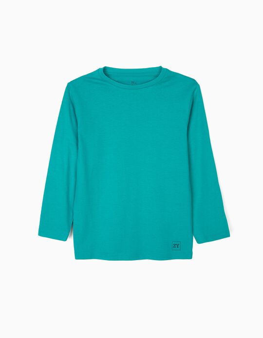 T-shirt Manga Comprida B&aacute;sica para Menino, Verde-Azulado