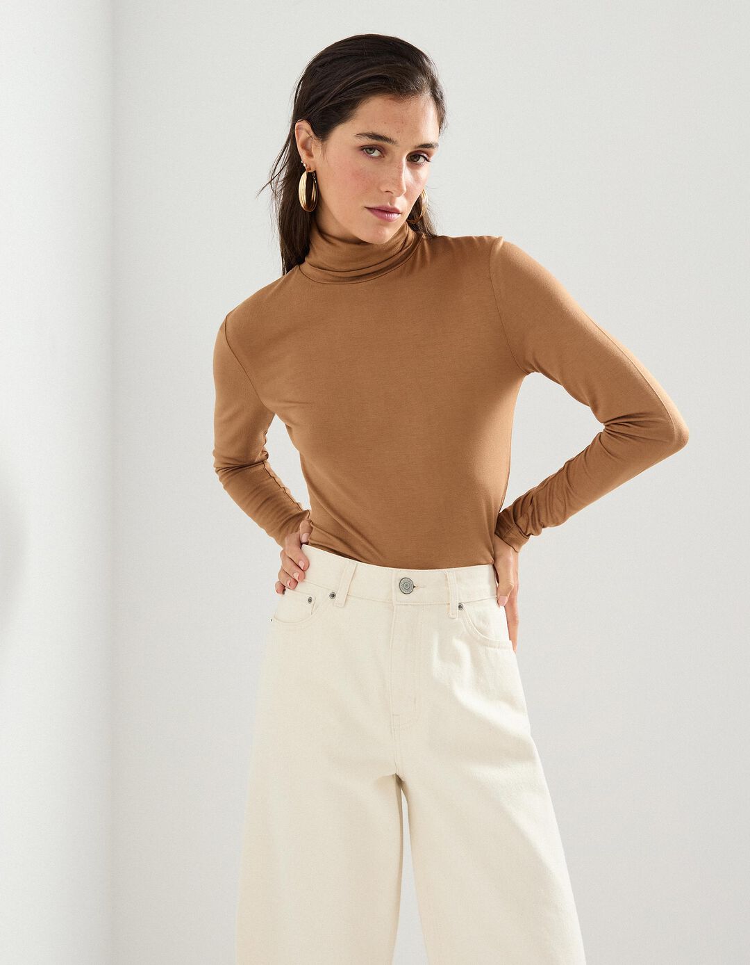 Camisola com Gola Alta, Mulher, Bege Escuro 