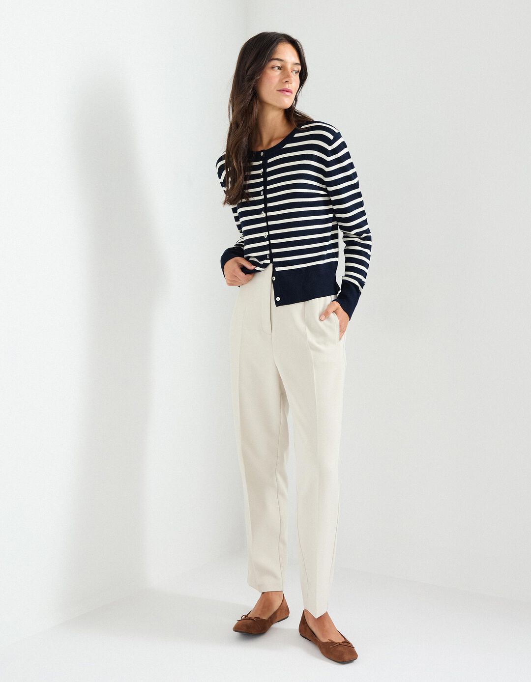 Cal&ccedil;as Cintura Subida, Mulher, Bege Claro