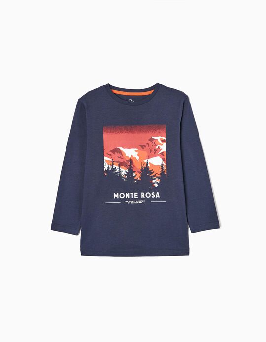 T-shirt de Manga Comprida em Algodão para Menino 'Monte Rosa', Azul Escuro