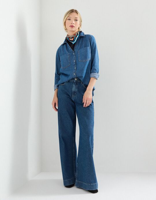Comprar Online Calças de Ganga Wide Leg, Mulher, Azul