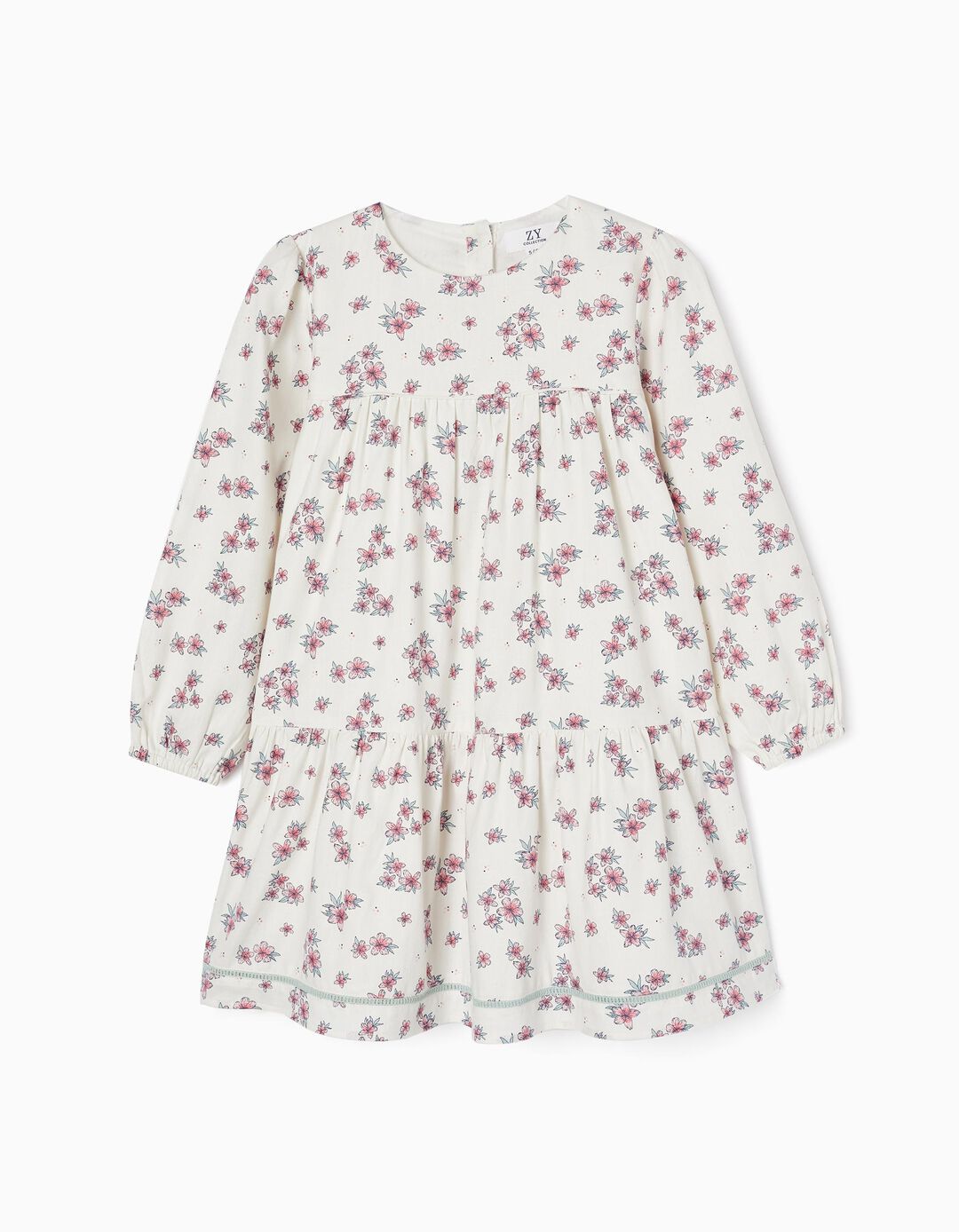 Cotton Dress with Floral Motif for Girls, White/Pink