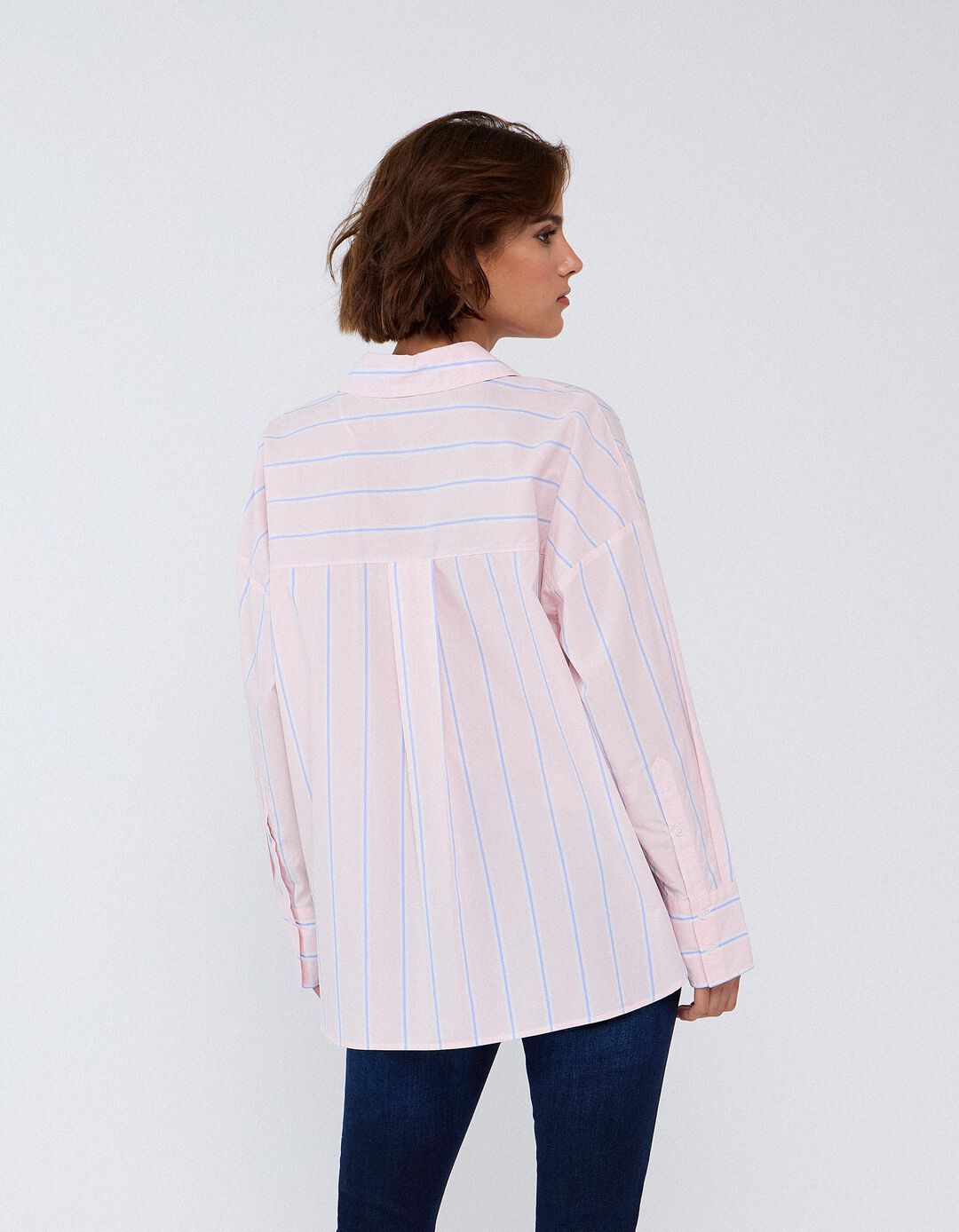 Camisa Oversize &Agrave;s Riscas, Mulher, Rosa Claro