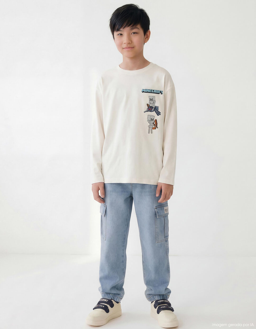 T-shirt Manga Comprida 'Minecraft', Menino, Branco