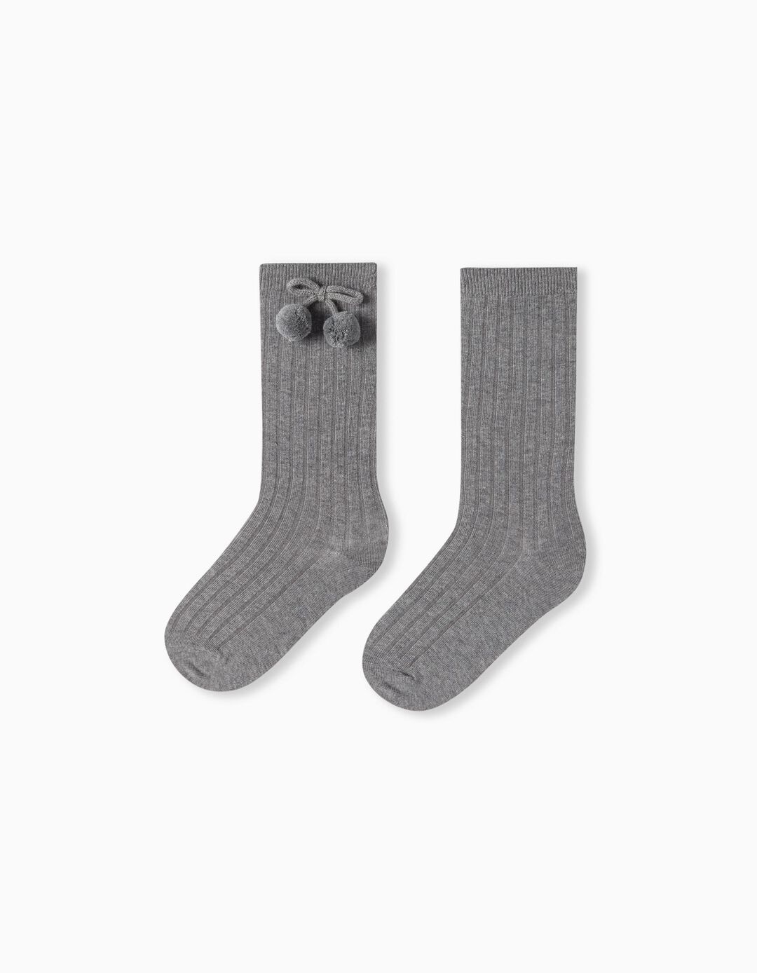 High-knee Pompoms Ribbed Socks, Girls, Light Grey