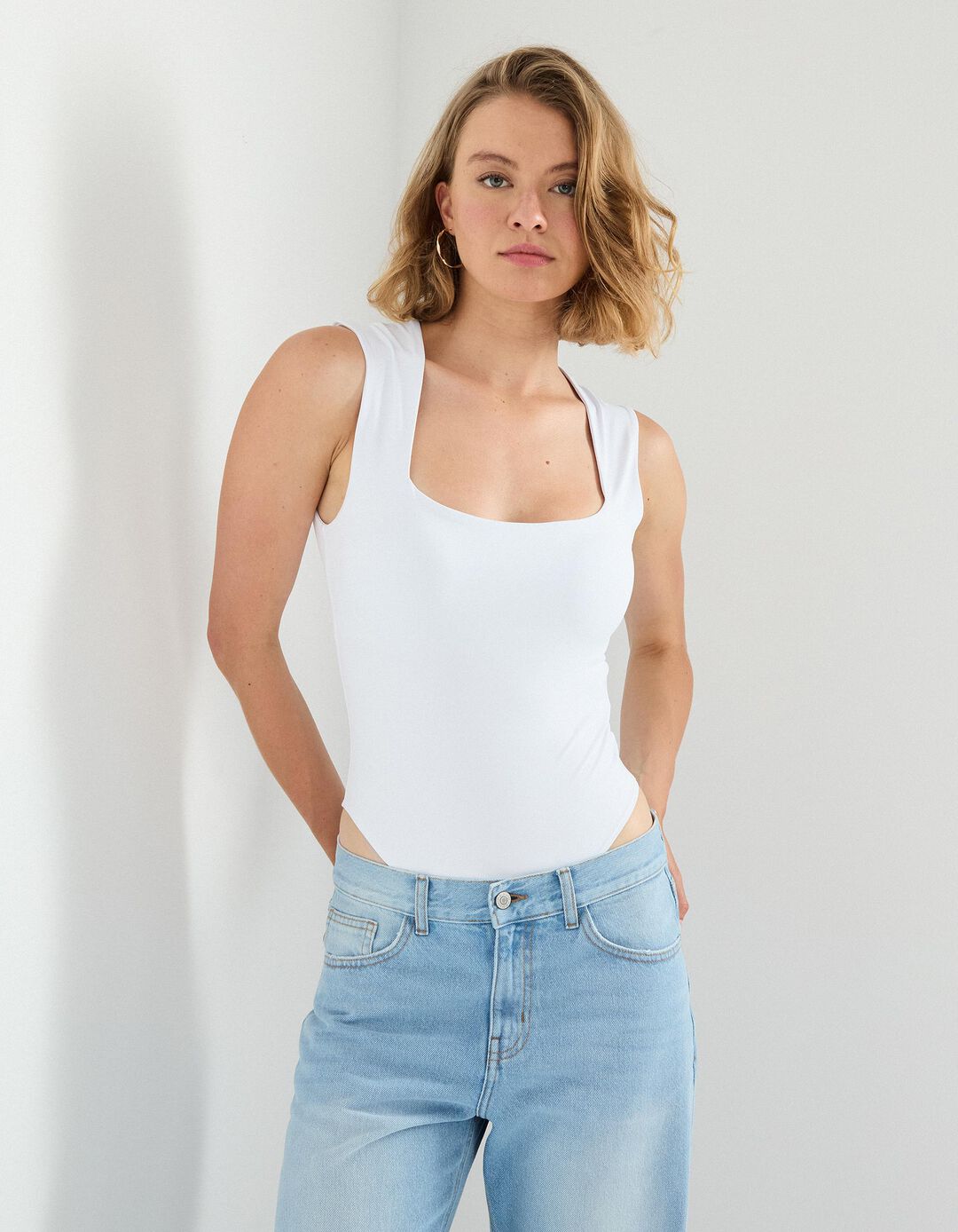 Body com Decote Quadrado, Mulher, Branco