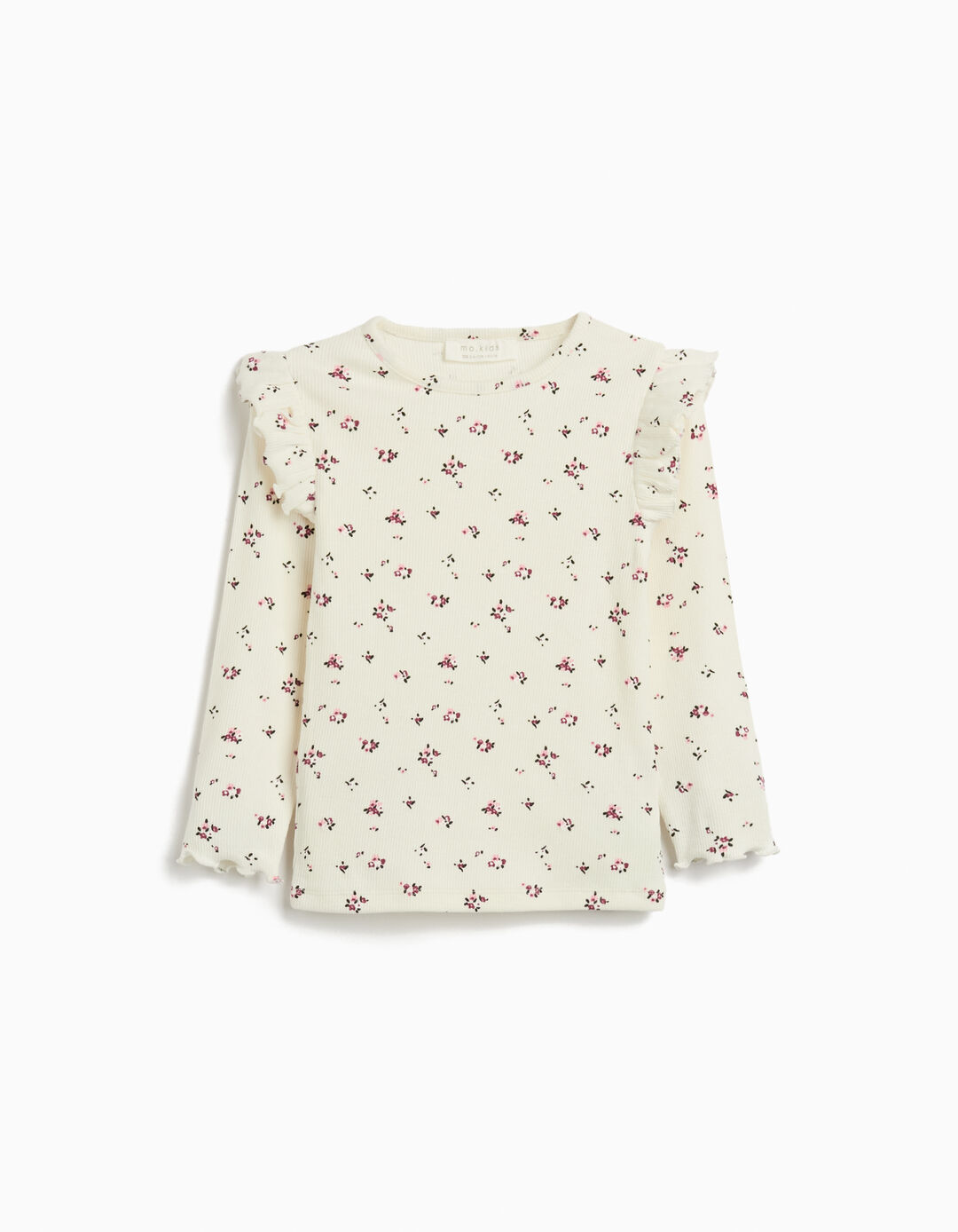 T-shirt de Manga Comprida com Folhos, Menina, Branco