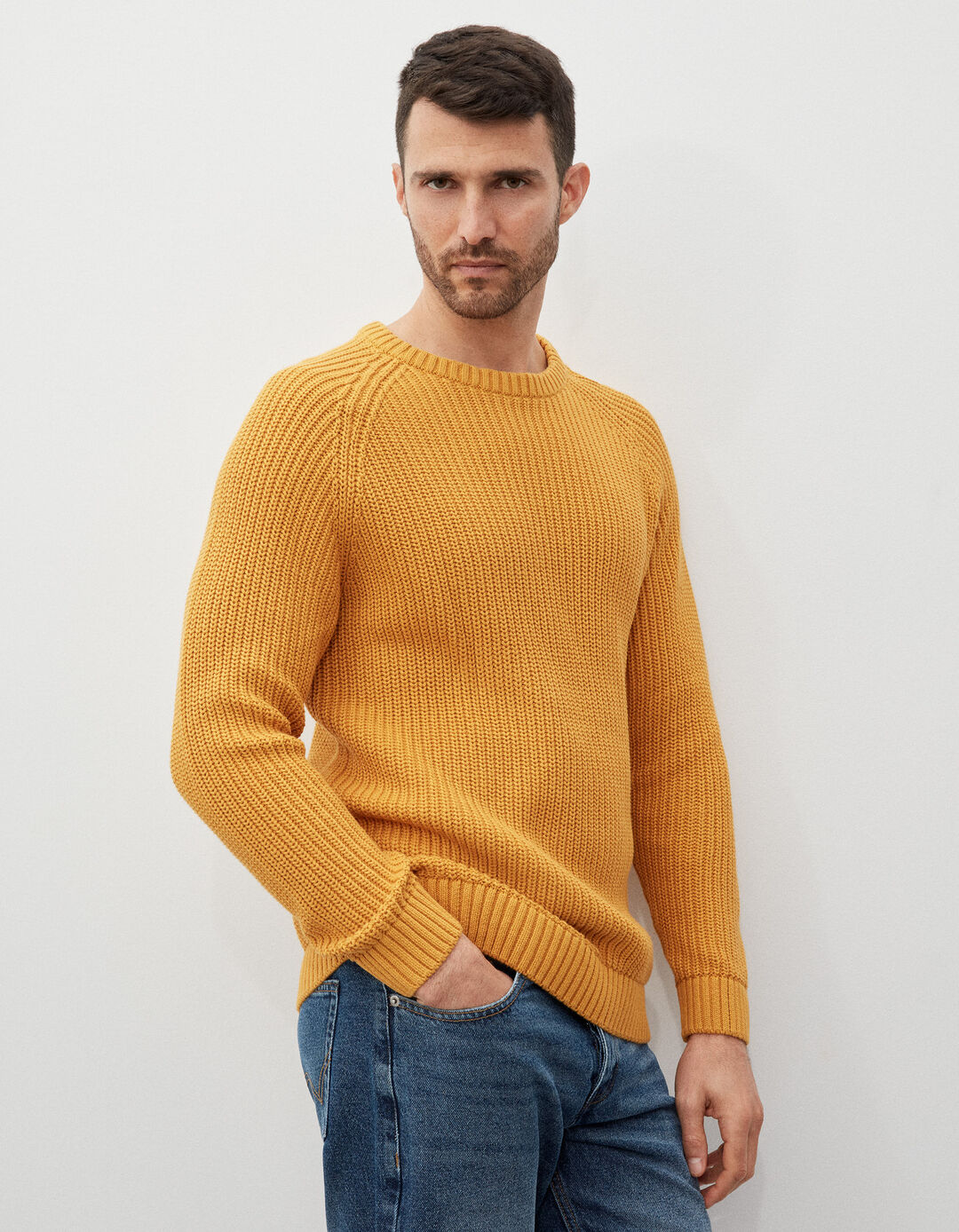 Ribbed Knit Sweater, Men, Dark Yellow