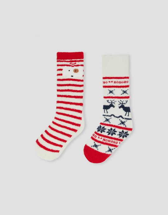2 Pairs Non-Slip Socks, Women, White/ Red