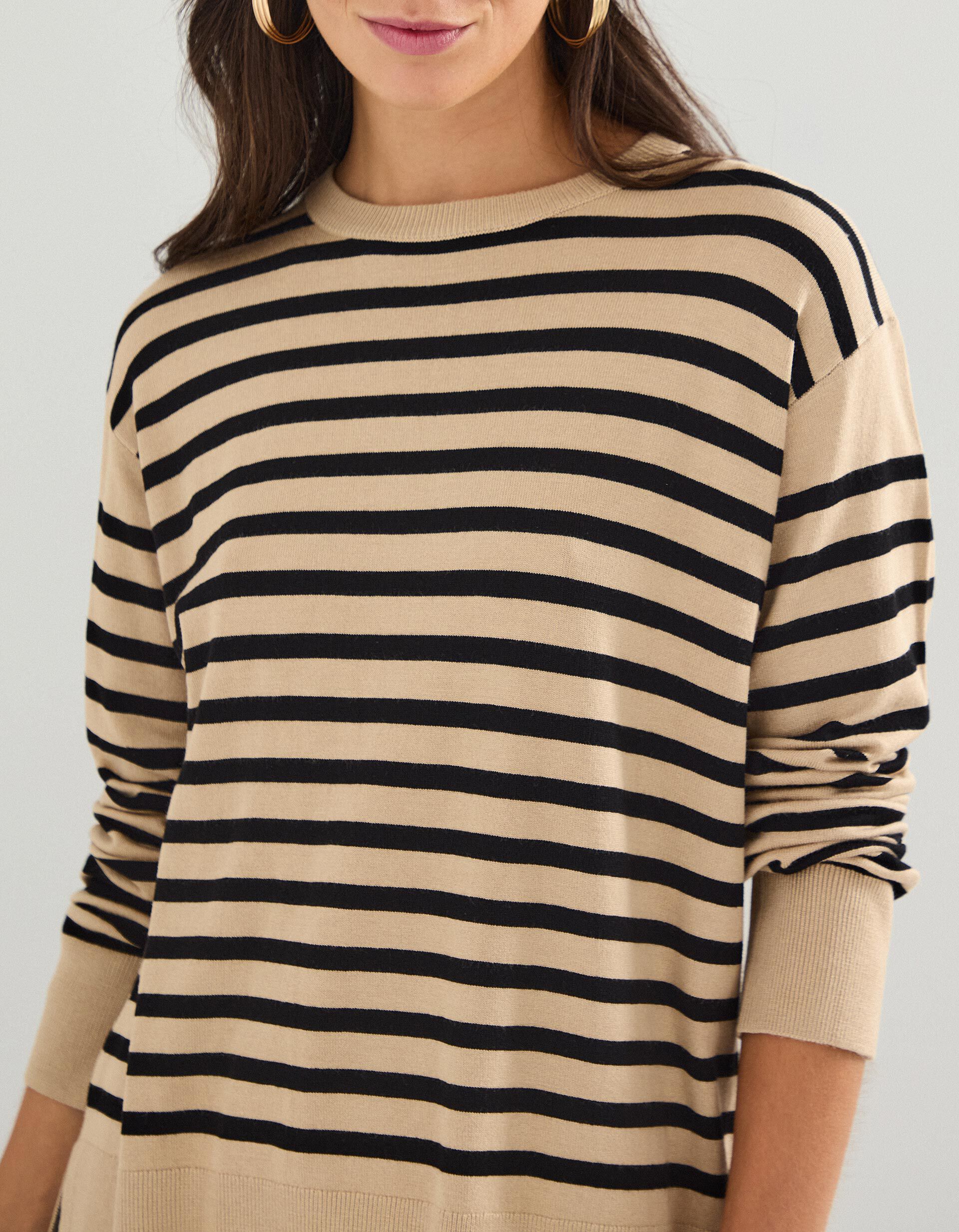 Comprar Online Camisola de Malha com Riscas, Mulher, Bege