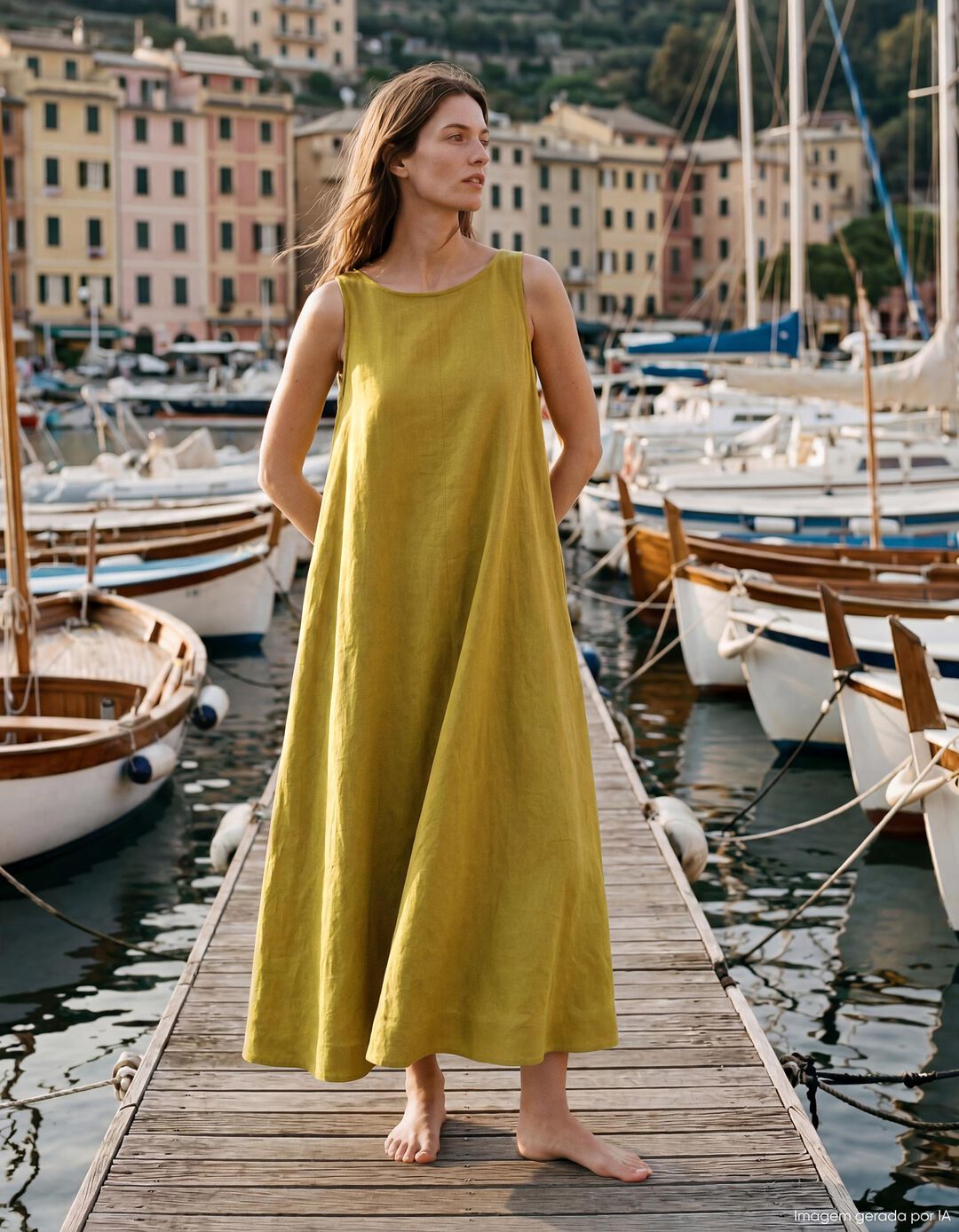 Vestido com Linho, Mulher, Amarelo