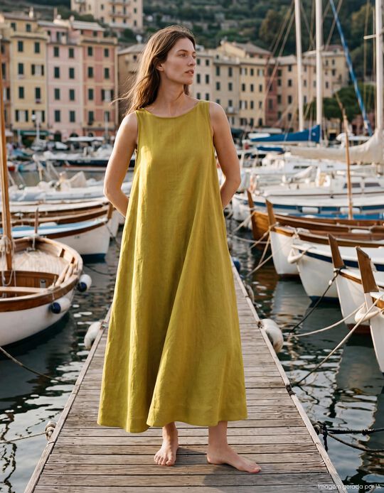 Comprar Online Vestido com Linho, Mulher, Amarelo