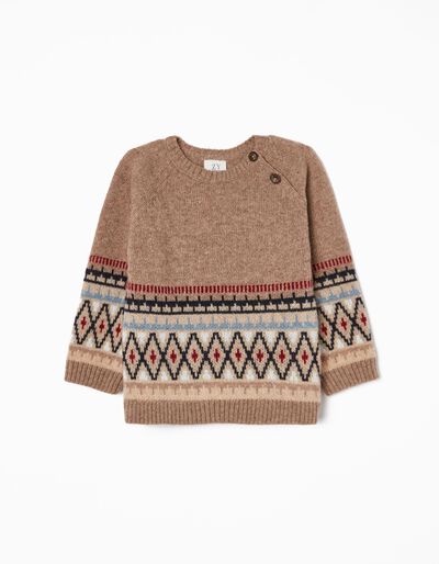 Wool Jumper with Jacquard for Baby Boys, Beige