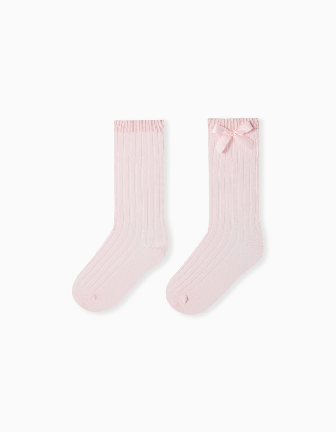 High-knee Bow Ribbed Socks, Girls, Light Pink