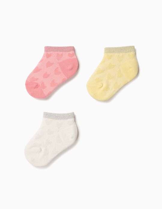 3 Pares de Meias Curtas para Beb&eacute; Menina 'Hearts' com Lurex, Multicolor