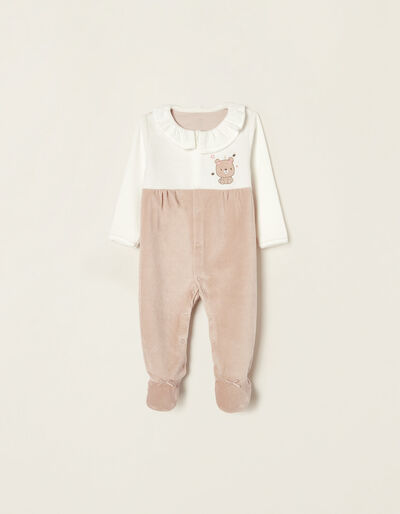 Velour Sleepsuit in Cotton for Baby Girls 'Teddy Bear', Beige/Blanc