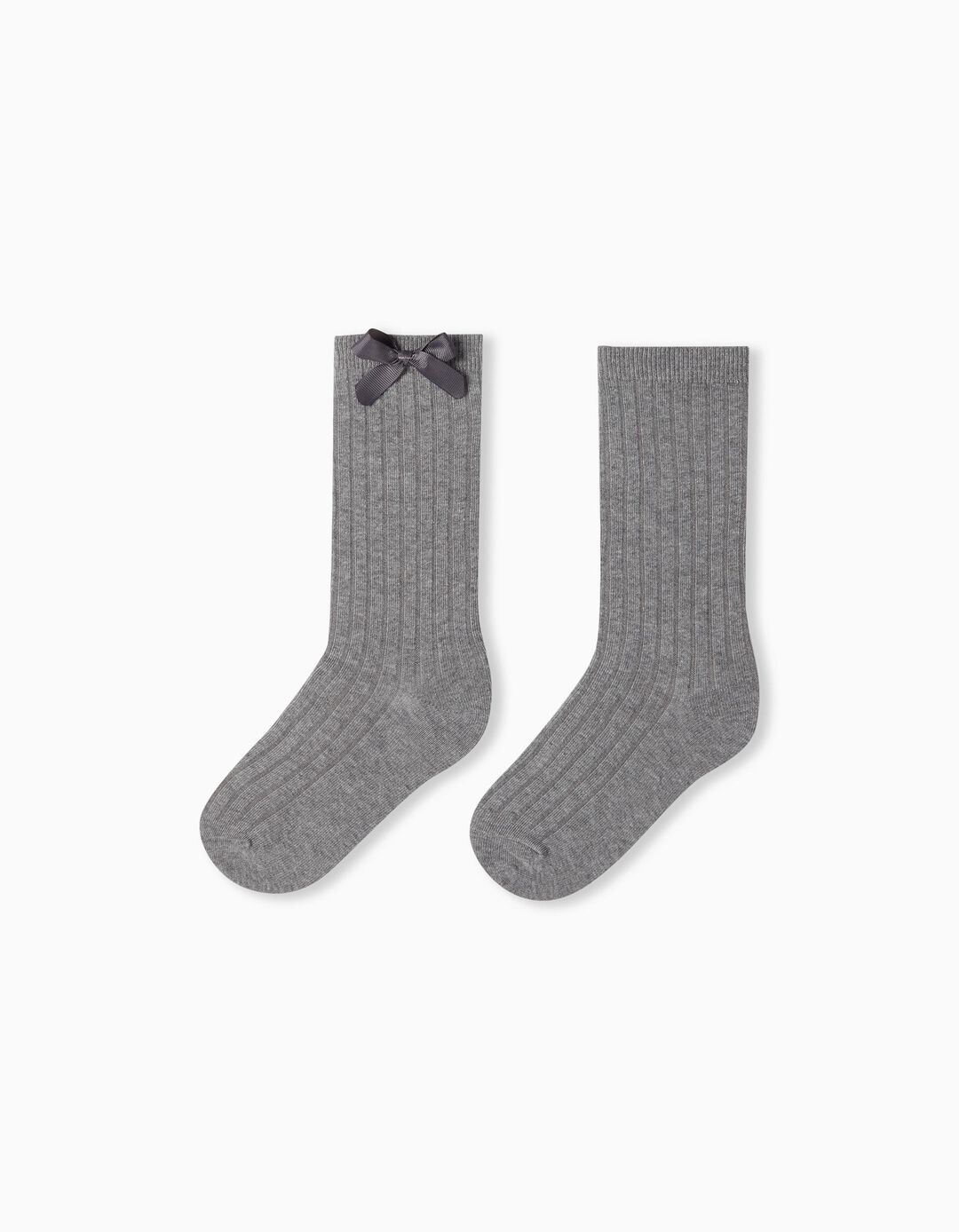 High-knee Bow Ribbed Socks, Girls, Light Grey
