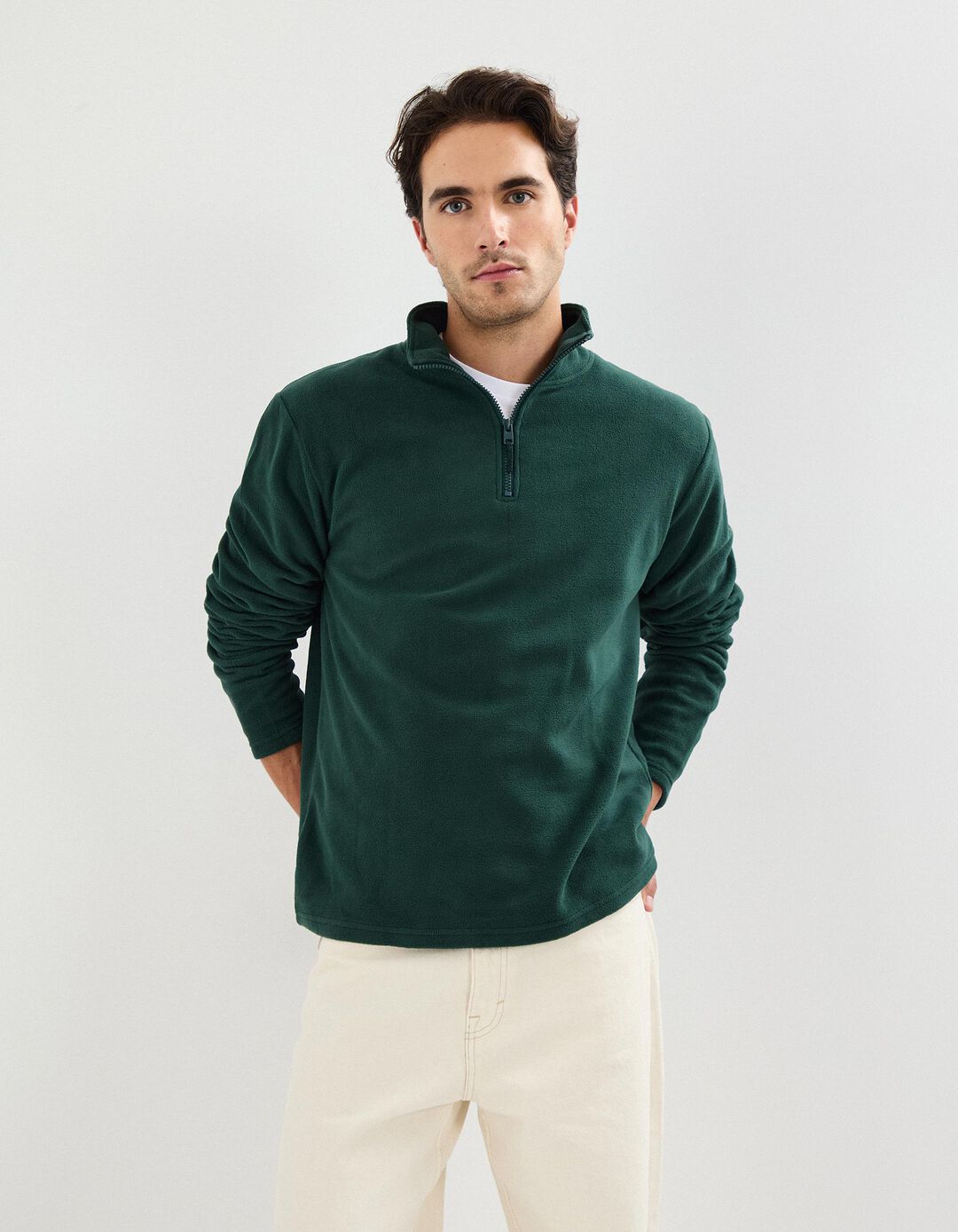 Camisola Polar com Fecho, Homem, Verde Escuro