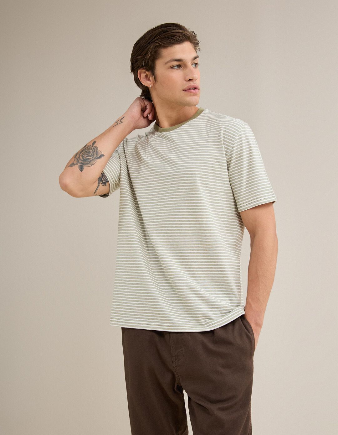 T-shirt Jersey Riscas, Homem, Verde Escuro