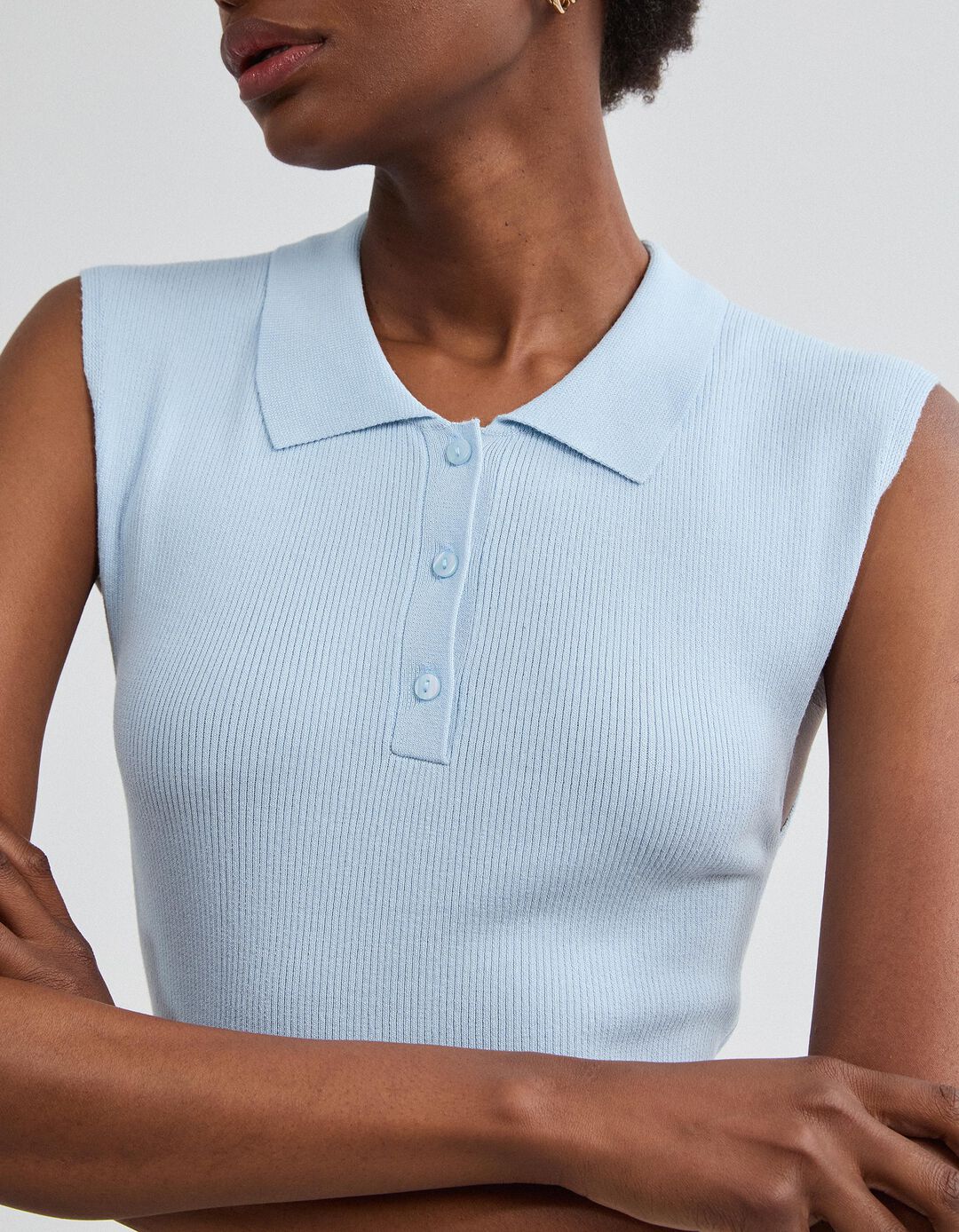 Top Tricotado Com Gola Polo, Mulher, Azul Claro