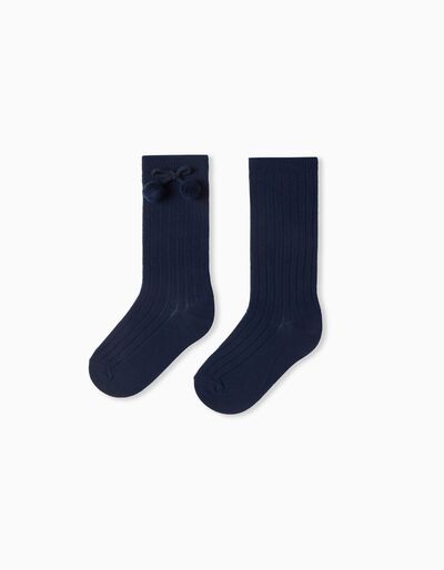 High-knee Pompoms Ribbed Socks, Girls, Dark Blue