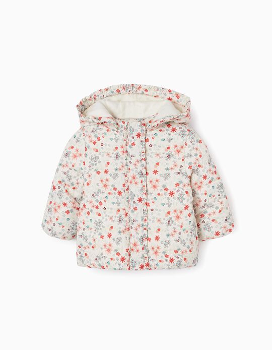 Floral Padded Jacket with Hood and Polar Lining for Baby Girls, White
