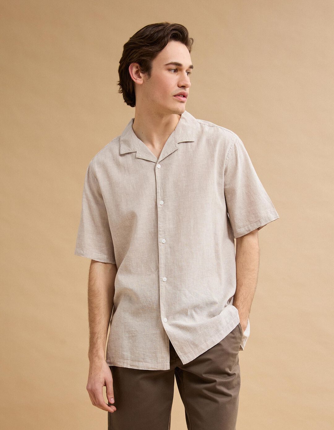 Camisa com Linho, Homem, Bege
