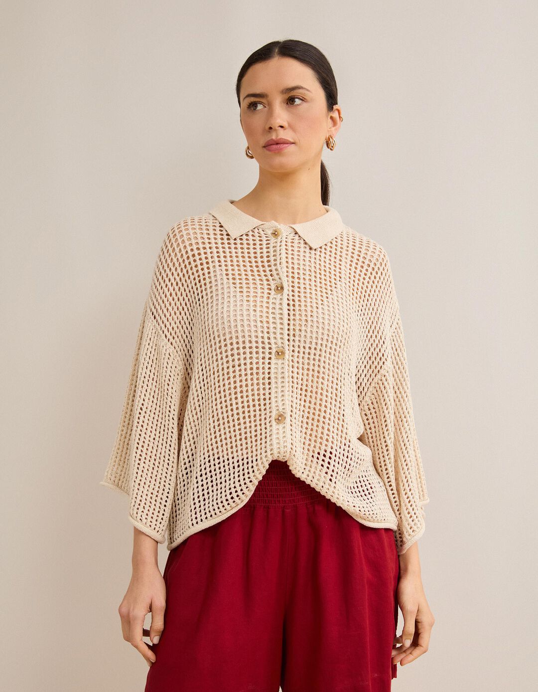 Camisa Tricotada, Mulher, Bege Claro