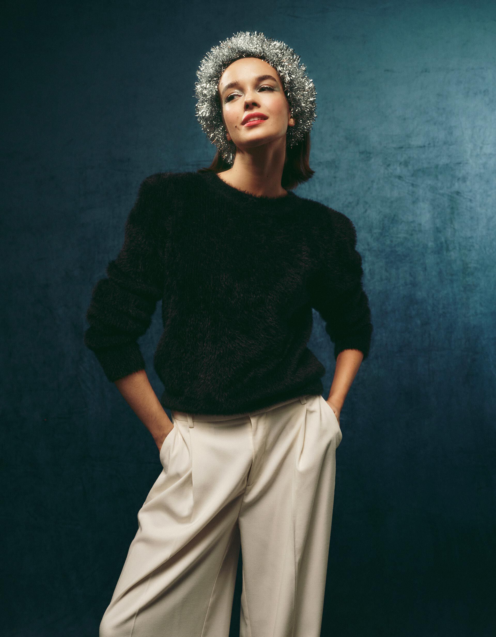 Comprar Online Camisola com Efeito de Pelo, Mulher, Preto