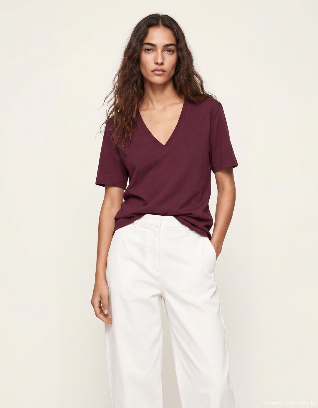T-shirt Decote em V, Mulher, Vermelho Escuro
