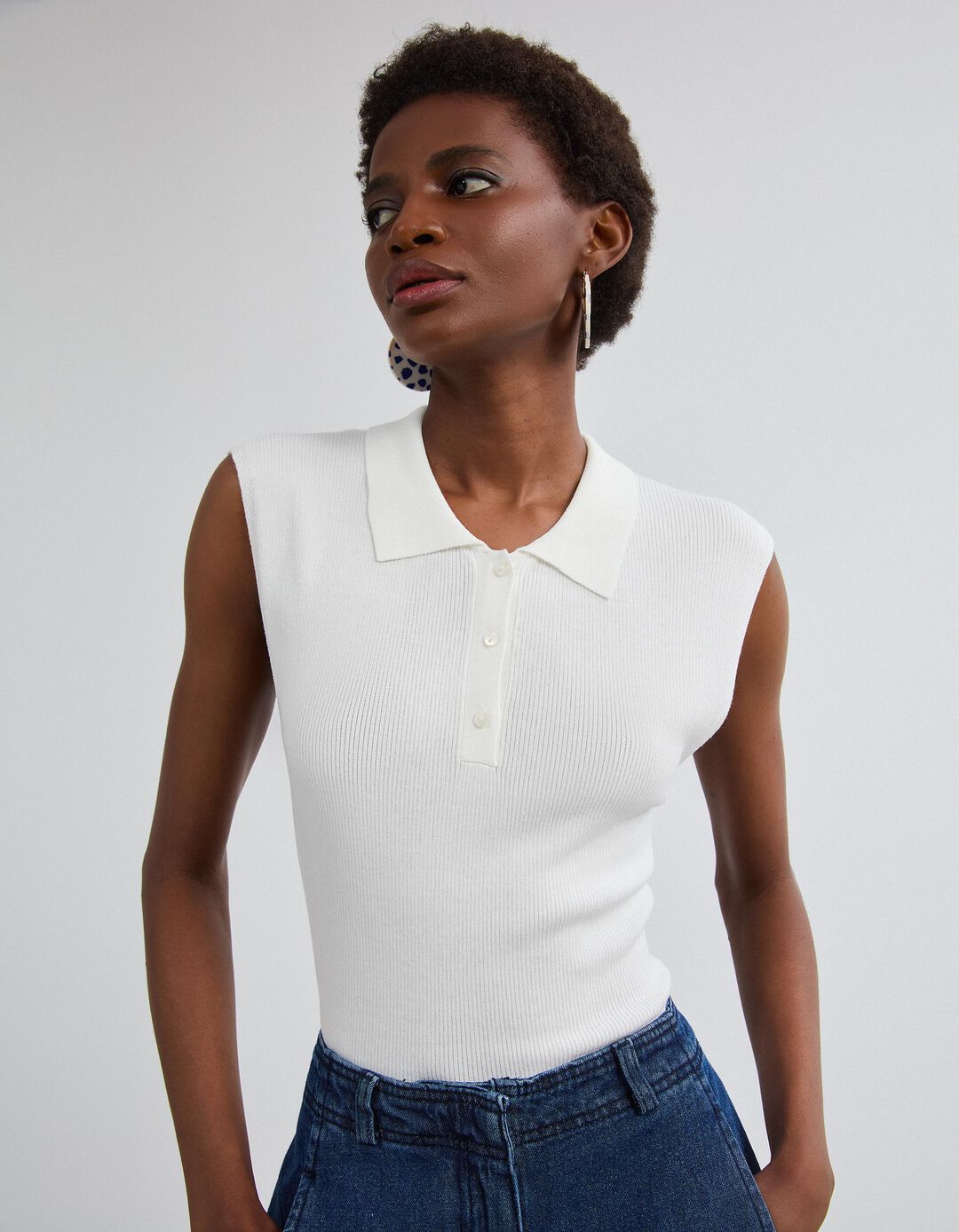 Top Tricotado Com Gola Polo, Mulher, Branco