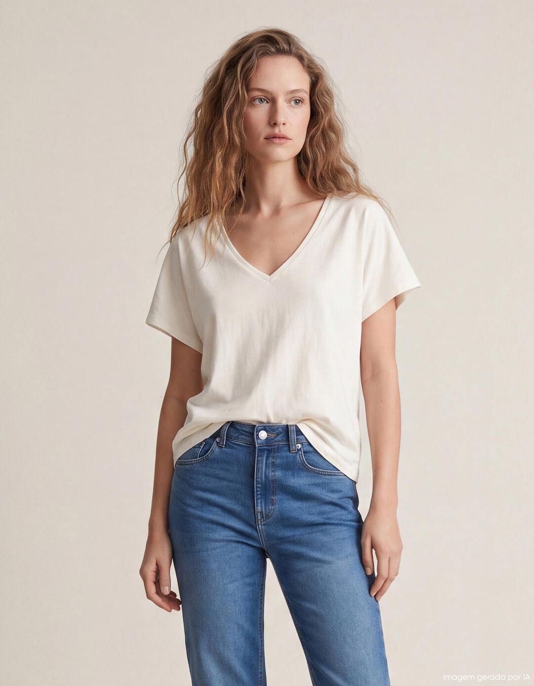 T-shirt Decote em V, Mulher, Cru
