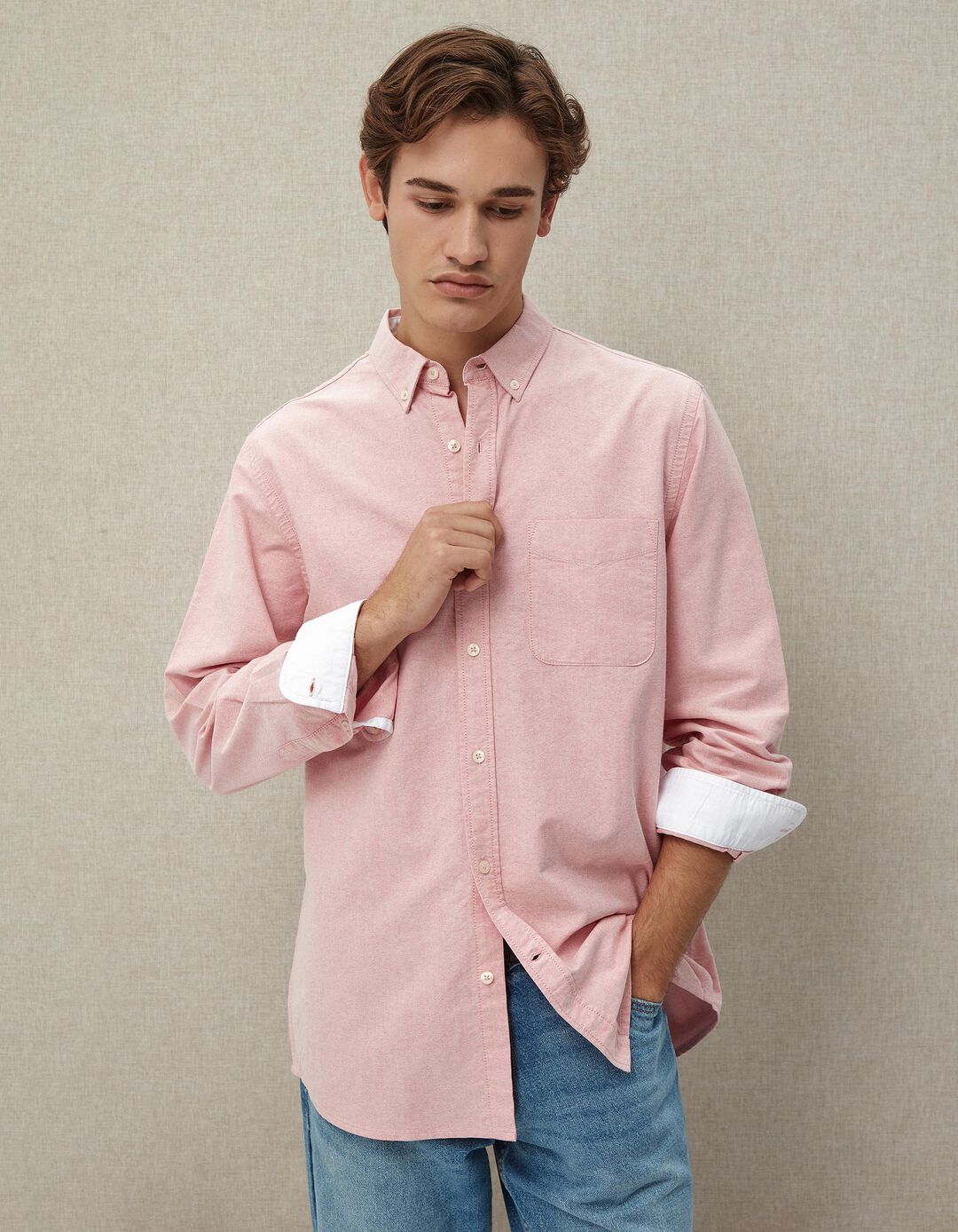 Camisa de Manga Comprida Oxford, Homem, Rosa Claro