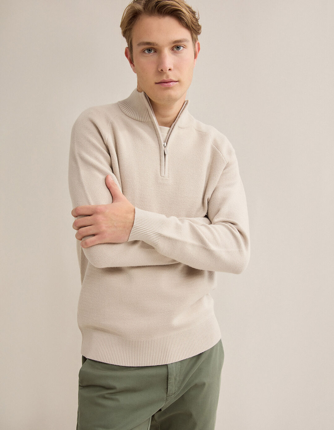 Camisola de Malha Waffle, Homem, Bege Claro