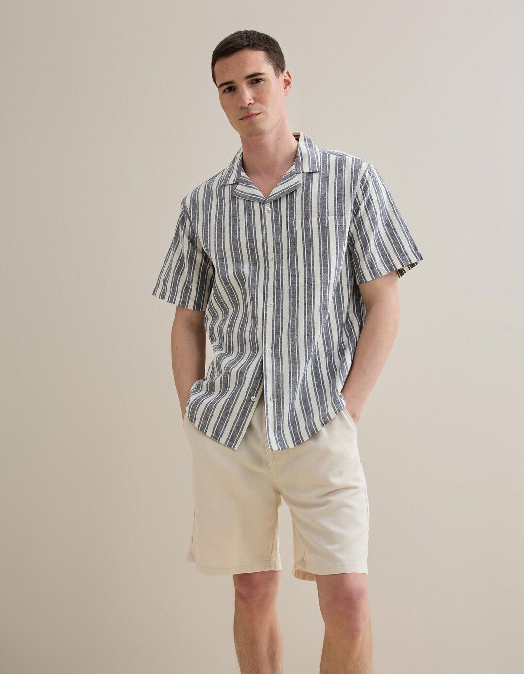 Camisa Resort com Linho, Homem, Azul Escuro