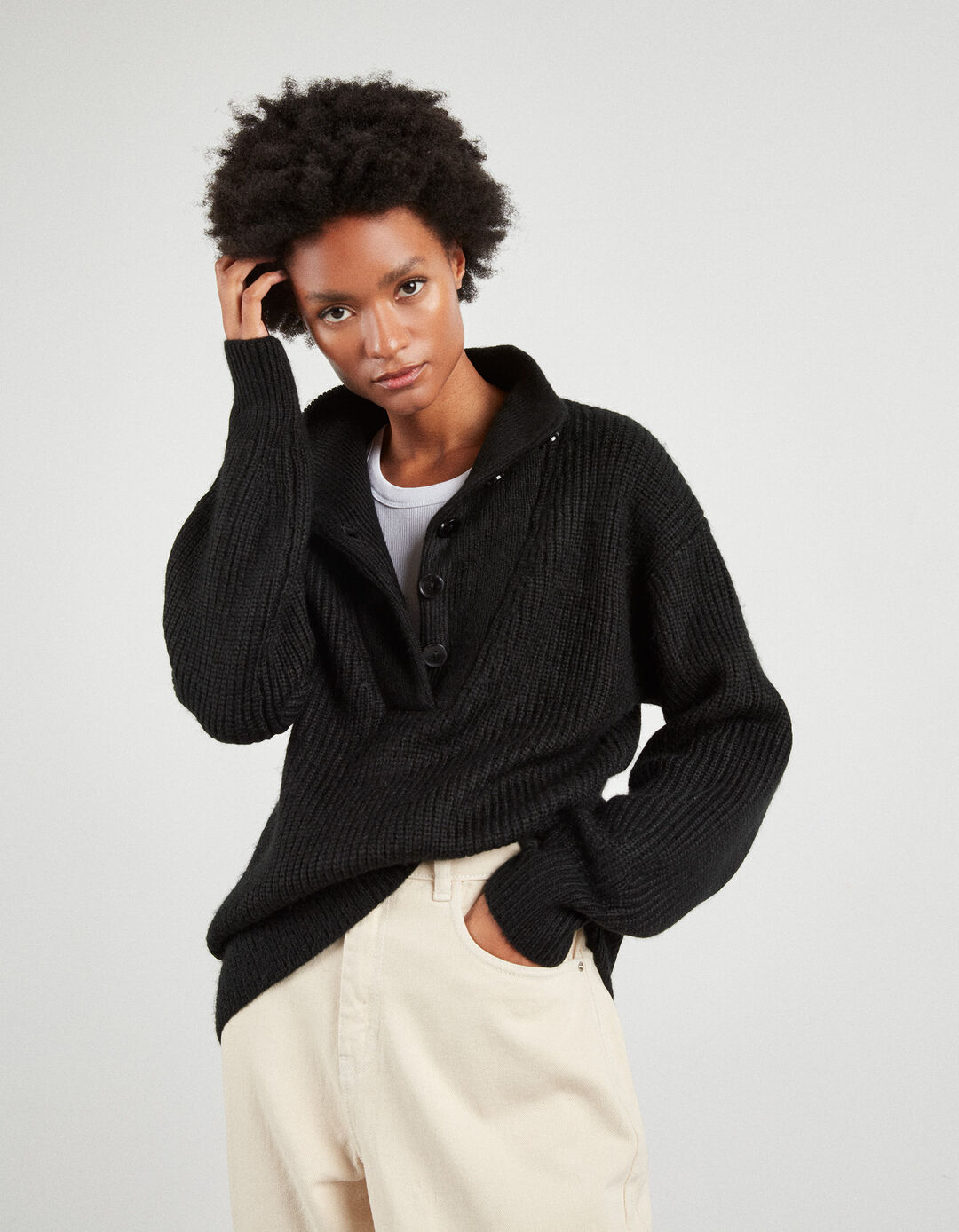 Button Knit Sweater, Woman, Black