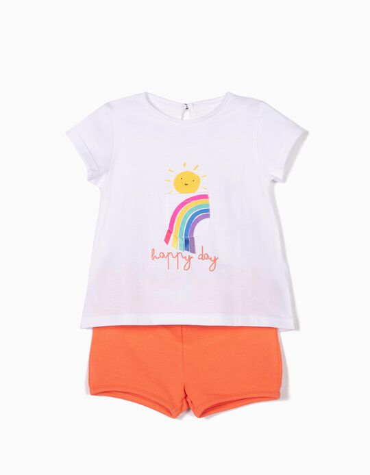 T-shirt e Cal&ccedil;&otilde;es para Beb&eacute; Menina 'Happy Days', Branco e Laranja