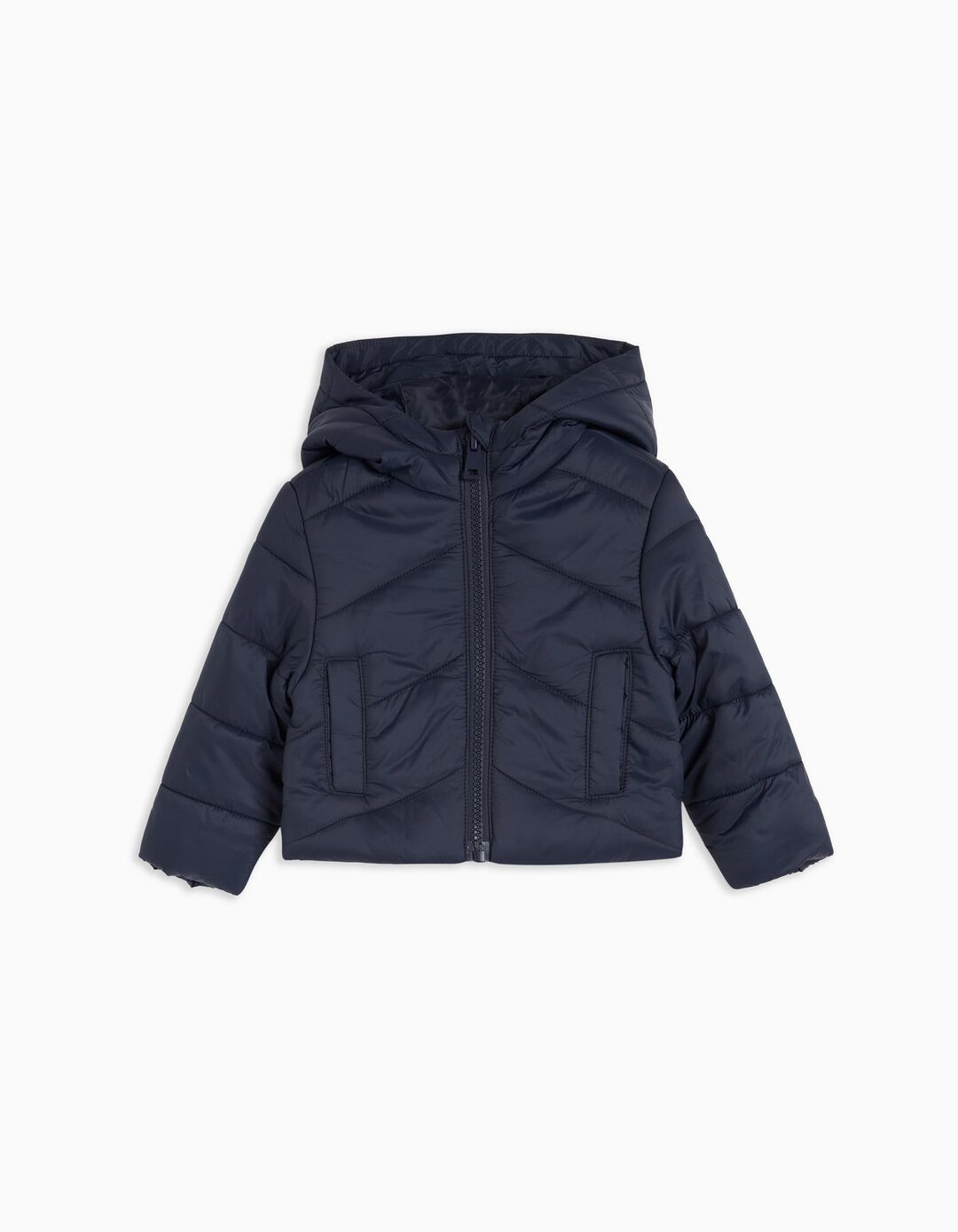 Quilted Hooded Jacket, Baby Girl, Dark Blue