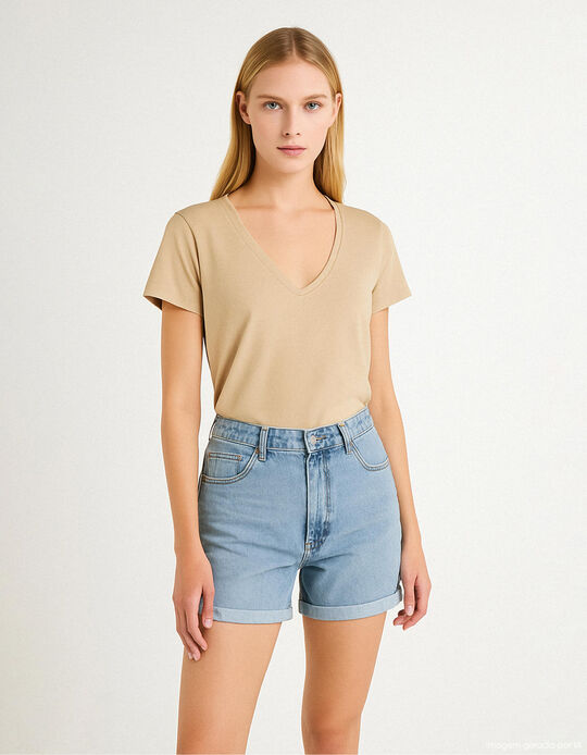 Comprar Online T-shirt Decote em V, Mulher, Bege 