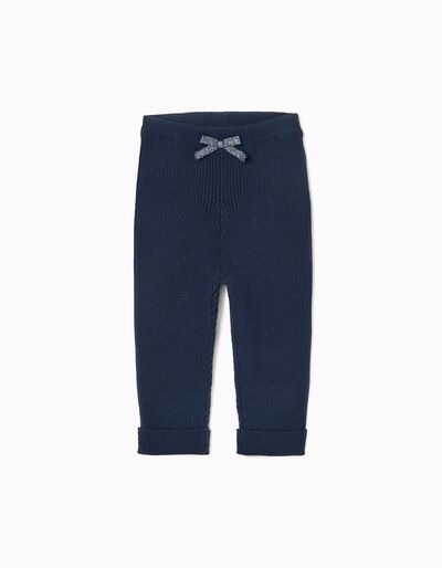 Ribbed Knit Cotton Trousers for Baby Girls, Dark Blue