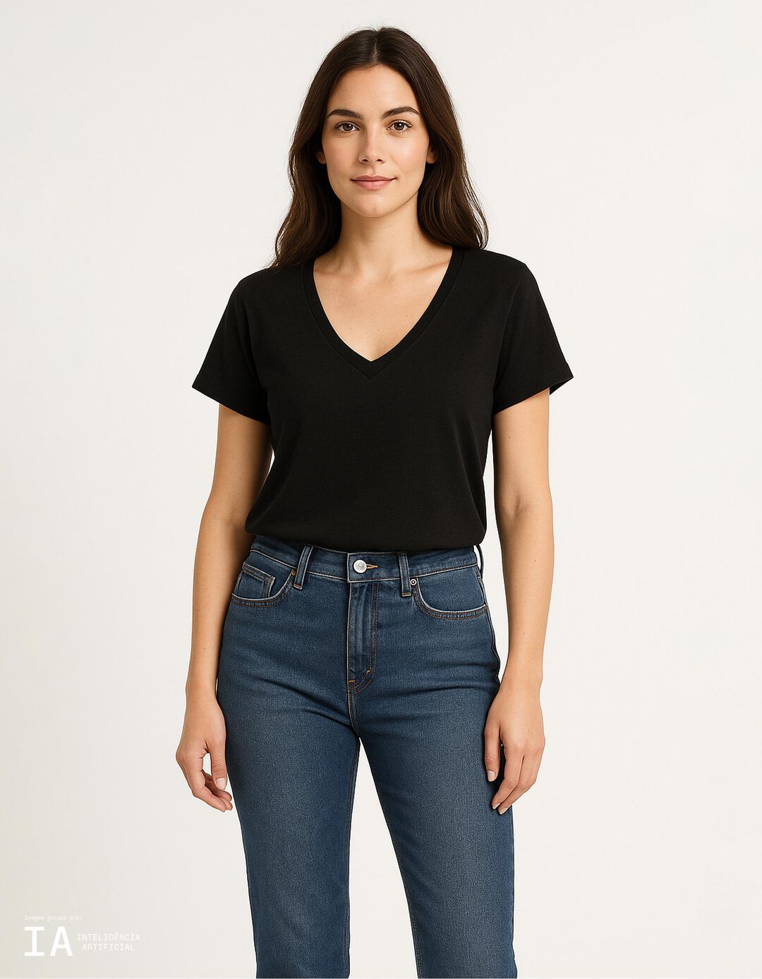 T-shirt Decote em V, Mulher, Preto