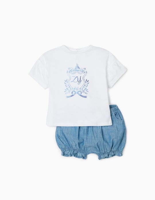 T-Shirt + Shorts for Baby Girls, White/Blue