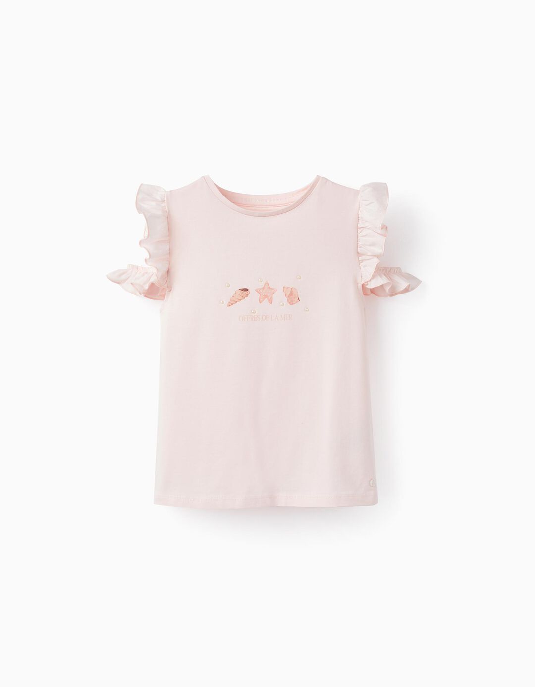 T-shirt de Algodão com Perólas para Menina 'Conchas', Rosa