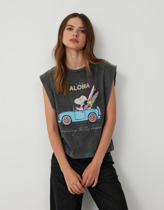 T-shirt Cropped Snoopy, Mulher, Cinza