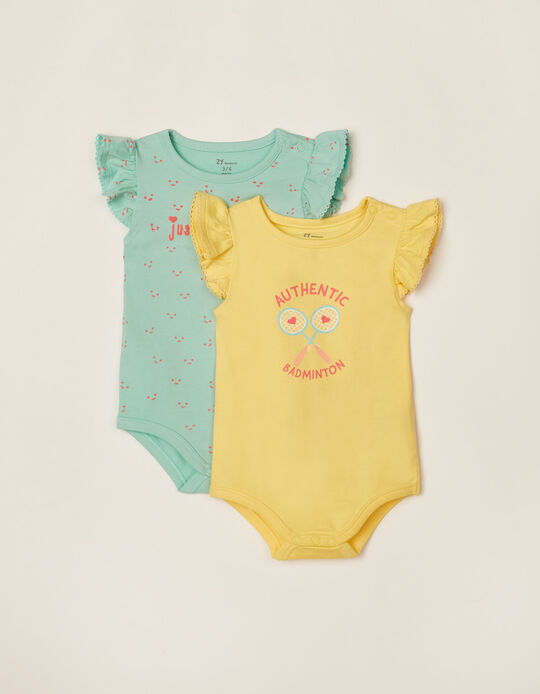 2 Bodysuits for Newborn Baby Girls 'Have Fun', Blue/Yellow