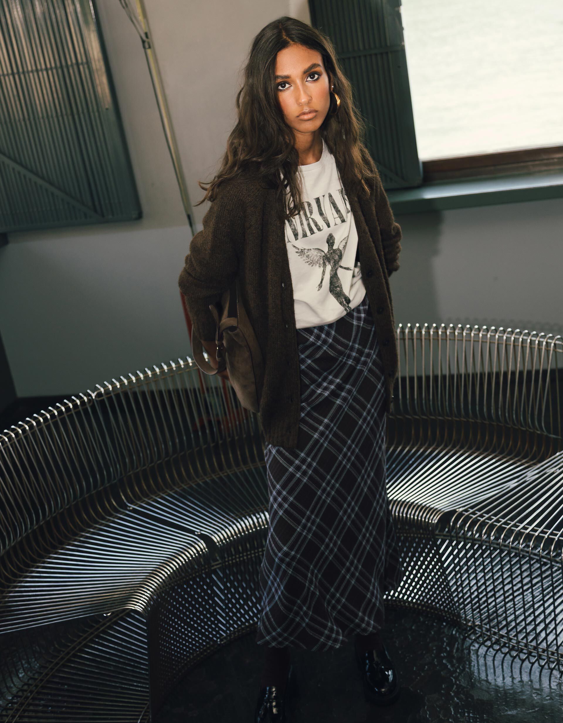 Comprar Online Saia Midi em Xadrez, Mulher, Castanho Escuro 